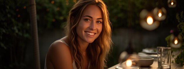 Smiling woman sits at a table during an outdoor evening party in a home's backyard