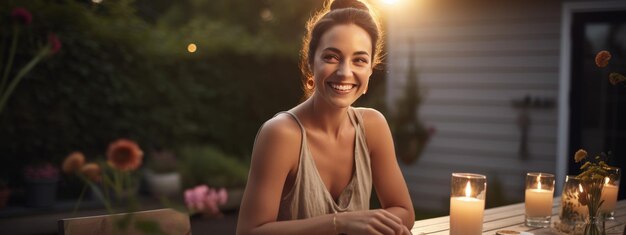 Smiling woman sits at a table during an outdoor evening party in a home's backyard