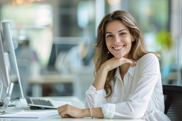 オフィスの机に座っている笑顔の女性オフィスに座っている幸せなビジネス女性