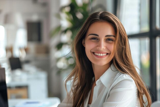 Smiling woman sitting at her desk in office happy business woman sitting in office