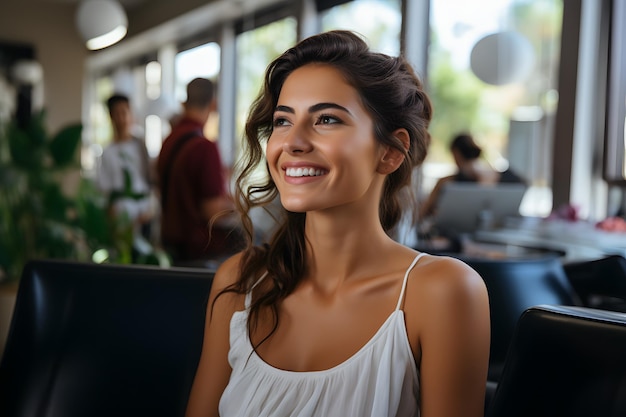 노트북 컴퓨터와 함께 레스토랑에 앉아 있는 미소 짓는 여자