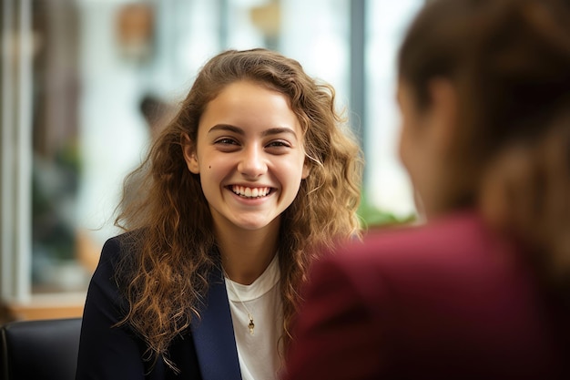 A smiling woman sitting at a table