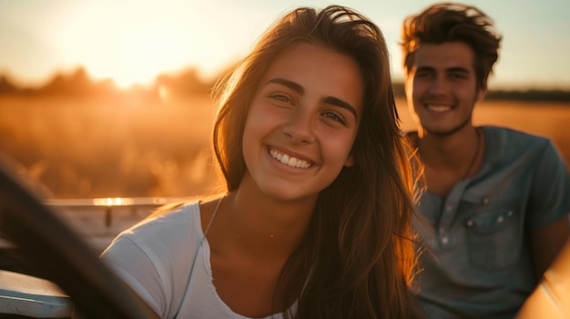 Smiling woman sitting with boyfriend against car during sunset