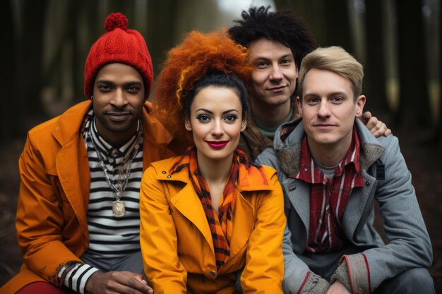 Photo smiling woman sitting with happy diverse men