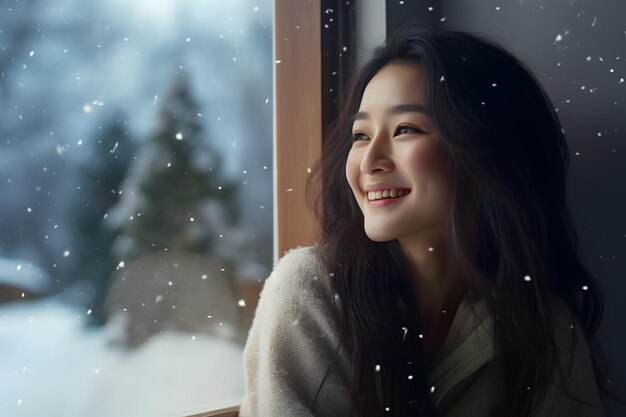 A Smiling Woman Smiling at Her Windowsill as Snow Falls