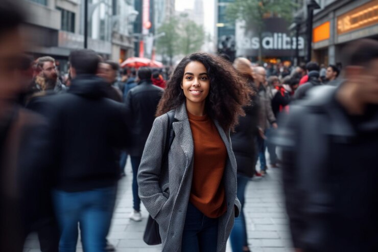 smiling woman standing amidst crowd in city