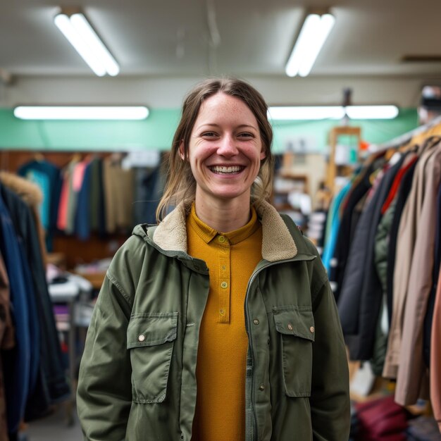 Photo a smiling woman standing in the background of the secondhand shopping thrift stores clear background