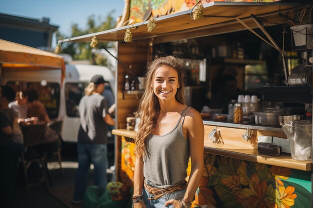 Smiling woman standing in front of a food truck at food festival