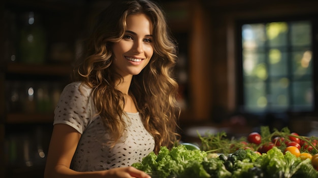 smiling woman standing in front of a table of vegetables Generative AI