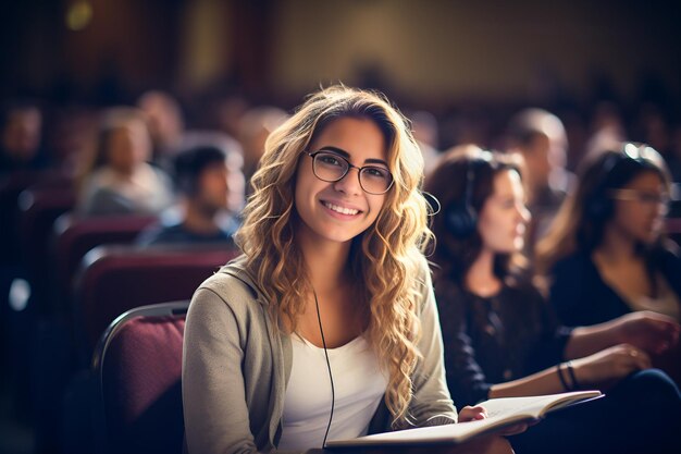 Foto studentessa sorridente durante una lezione seduta in un'aula magna ia generativa