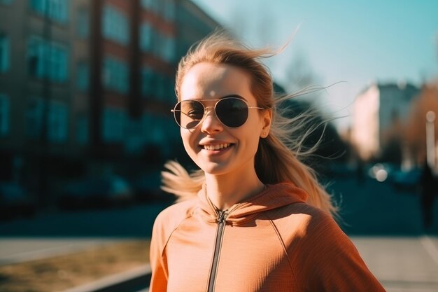 Smiling woman in sunglasses standing on street doing sport