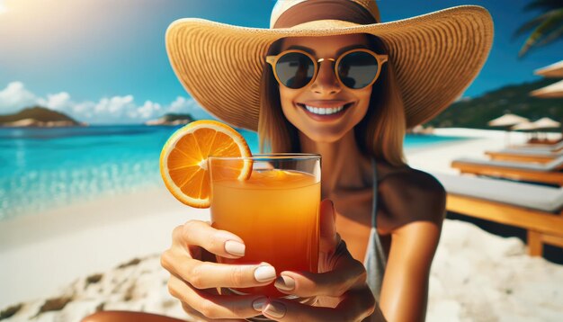 Una donna sorridente con un cappello da sole e occhiali da sole si gode un rinfrescante cocktail arancione su una pittoresca spiaggia tropicale con acque cristalline
