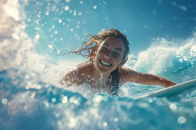 笑顔の女性がサーフィンをしブリッグで波を捕まえています