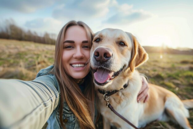 웃는 여성이 개와 셀피를 찍고 있는 인공지능