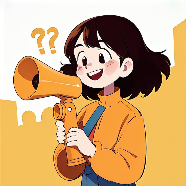 Улыбающаяся женщина, разговаривающая по мегафону, объявляющая сообщение милая простая иллюстрация в стиле аниме