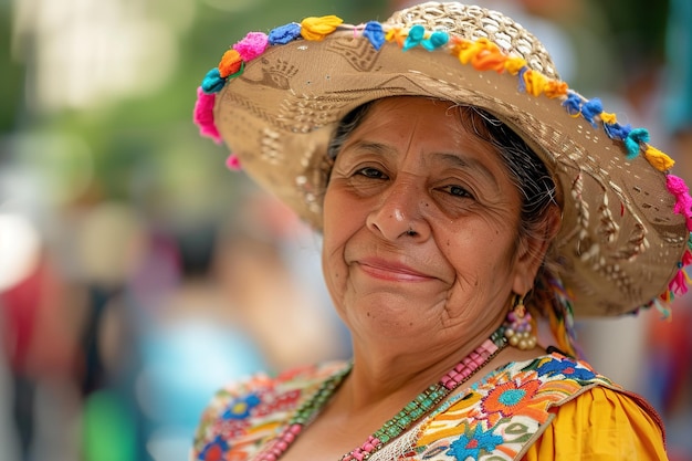 Smiling woman in traditional Brazilian attire for Festa Junina celebration