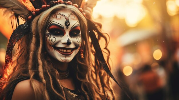 Улыбающаяся женщина в традиционном костюме празднует Хэллоуин