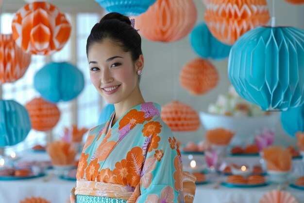 Foto donna sorridente in kimono tradizionale giapponese che celebra con lanterne di carta arancione e blu