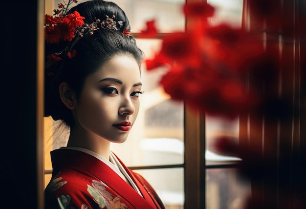 伝統的な赤い着物を着た笑顔の女性 桜