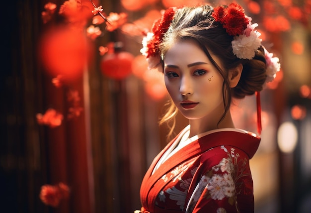 Smiling woman in traditional red kimono sakura