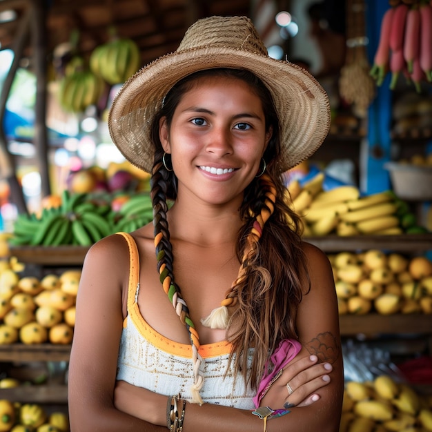 Foto donna sorridente al mercato della frutta tropicale