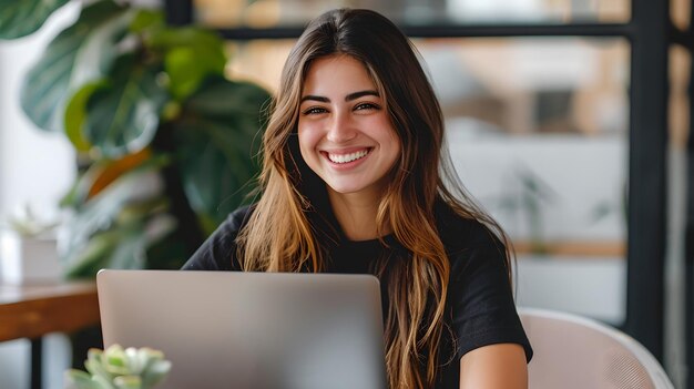 Smiling Woman Using Laptop in a Cozy Cafe Setting Casual Professional Working Remotely Modern Freelancer Lifestyle AI