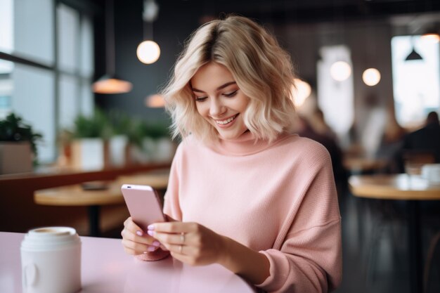 Smiling woman using phone in a cafe The concept is modern connectivity and leisure