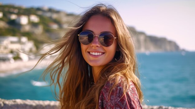 Smiling woman on vacation beach sea ocean summer