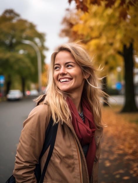 smiling woman walking down the street in the fall