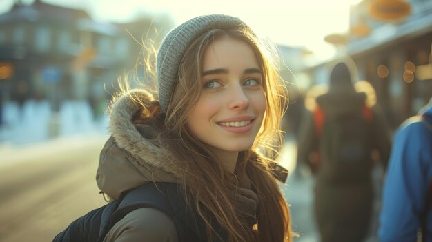 A smiling woman walks on the street while looking at her boy friend