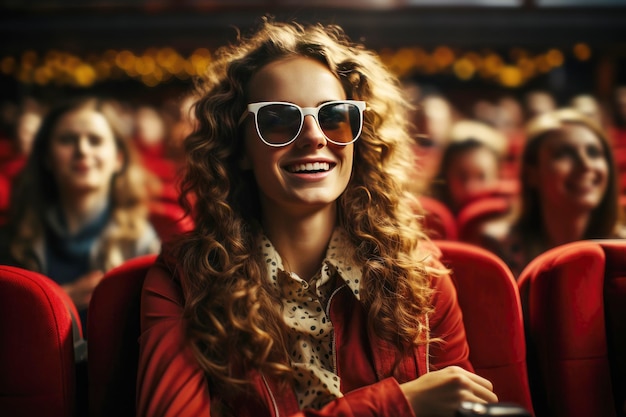 Smiling woman watching movie in cinema hall