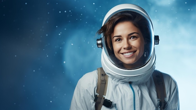 smiling woman wear astronaut uniform