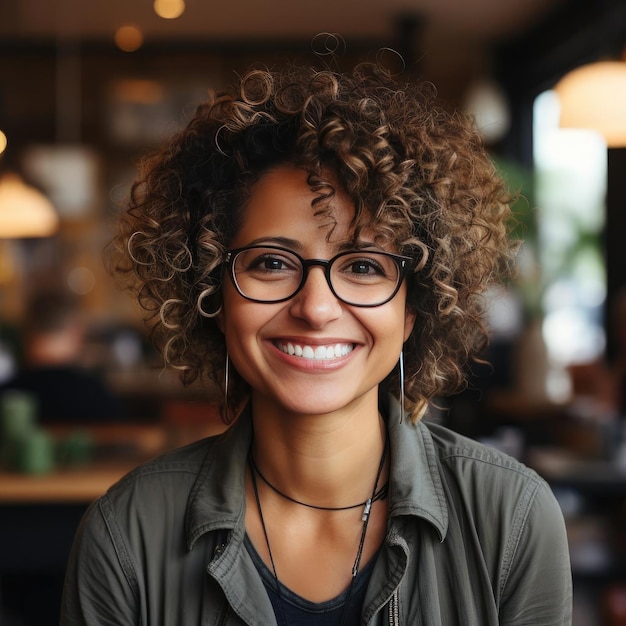 Smiling woman wearing glasses in a warm and friendly cafe