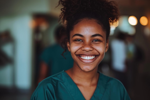 A smiling woman wearing a green scrub top