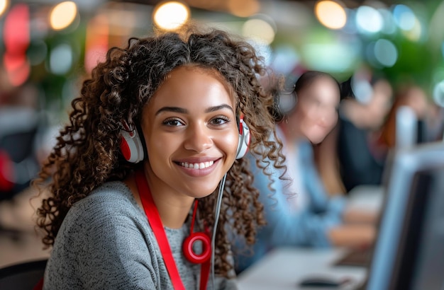 Smiling Woman Wearing Headphones Using Laptop