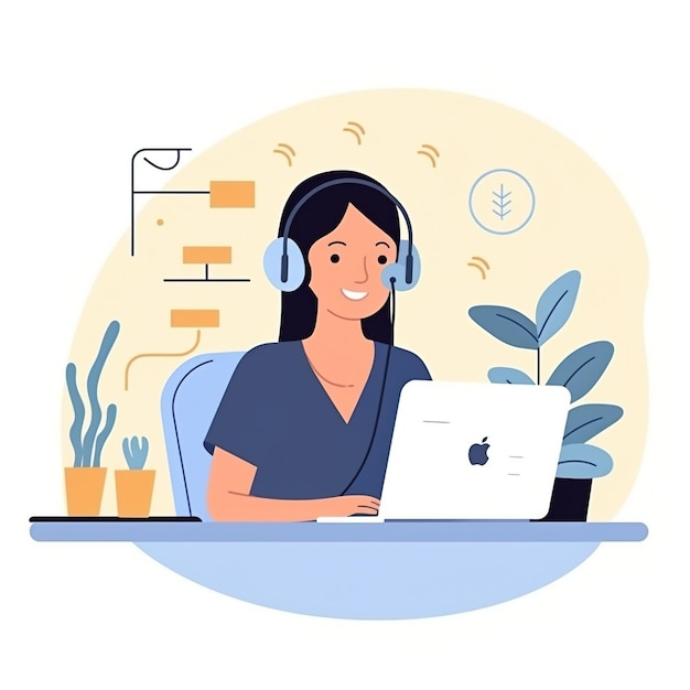 Photo smiling woman wearing headphones and working on laptop computer