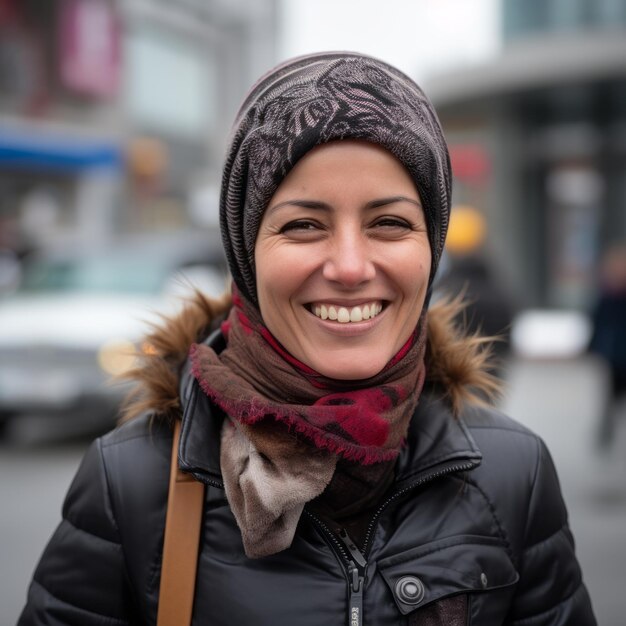 a smiling woman wearing a headscarf on the street