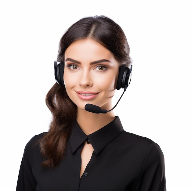 Photo smiling woman wearing a headset and a microphone