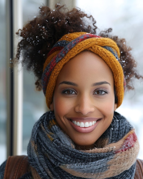 Photo smiling woman wearing scarf and knitted headband