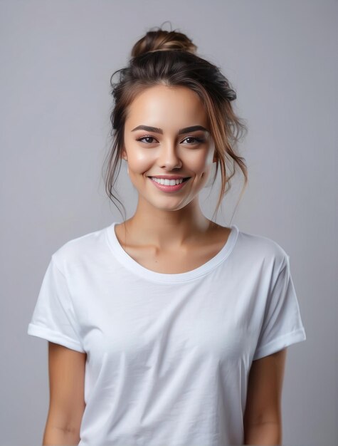 smiling woman wearing a silk screenwhite tshirt