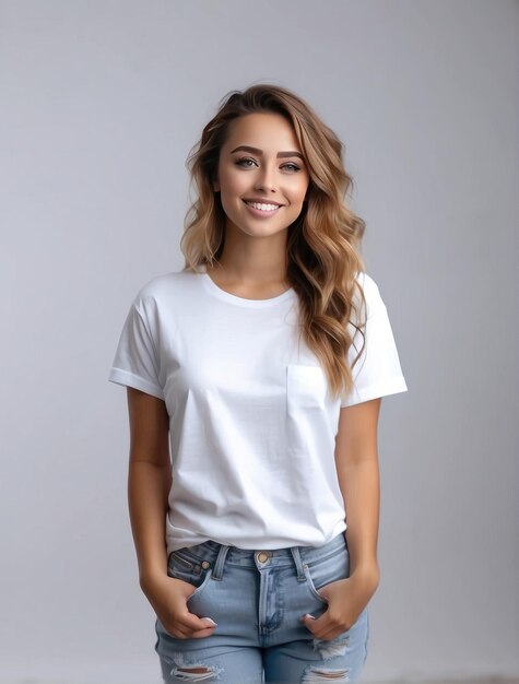 smiling woman wearing a silk screenwhite tshirt