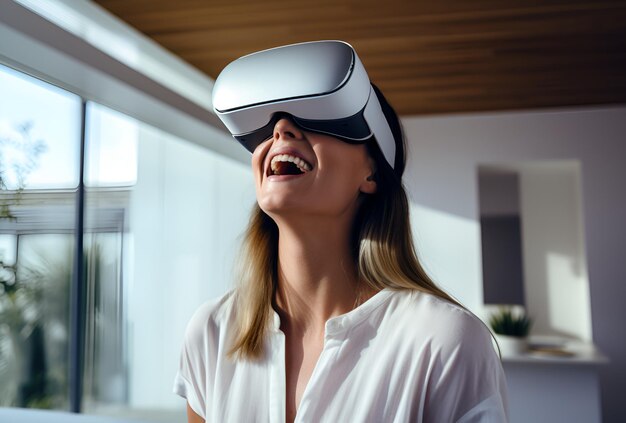 A smiling woman wearing vr glasses