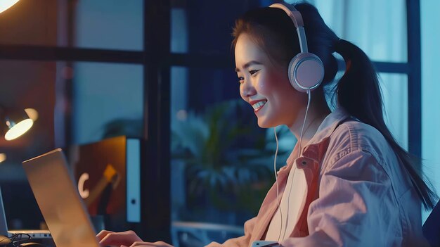 Smiling woman wearing wireless headphones working typing on notebook sit at desk in Generative AI