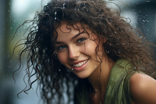 Photo smiling woman wet hair looking at camera enjoying rain