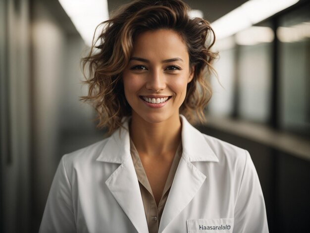 Smiling Woman in White Labcoat and Shirt