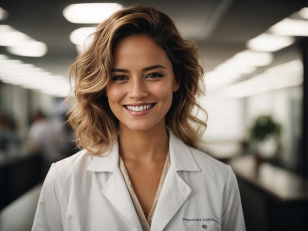 Smiling Woman in White Labcoat and Shirt