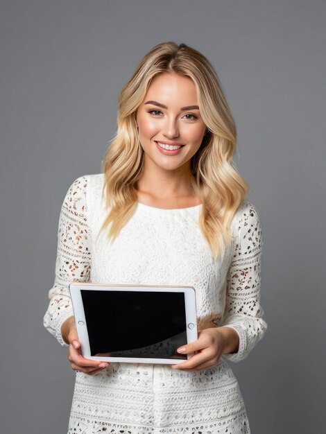 Smiling woman in white lace top presenting a tablet with a blank screen