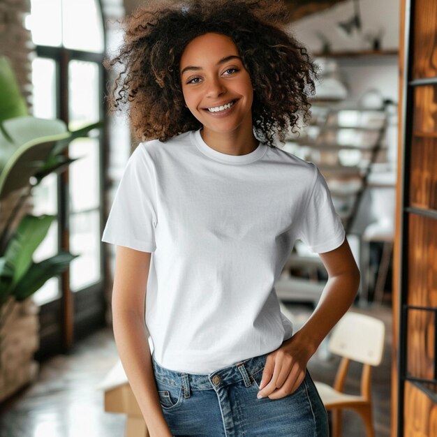 Photo smiling woman in white shirt and jeans standing in a room generative ai