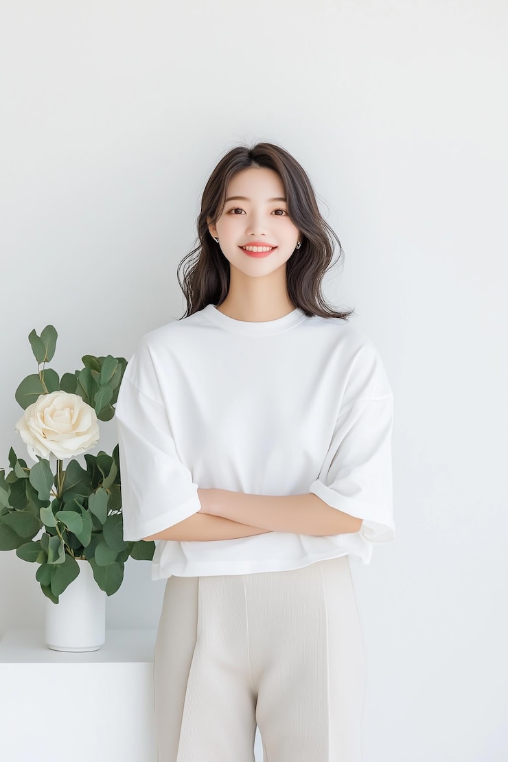 Photo 색 티셔츠와 베이지색 바지를 입은 미소 짓는 여성이 팔을 고 포즈를 취하고 있습니다.