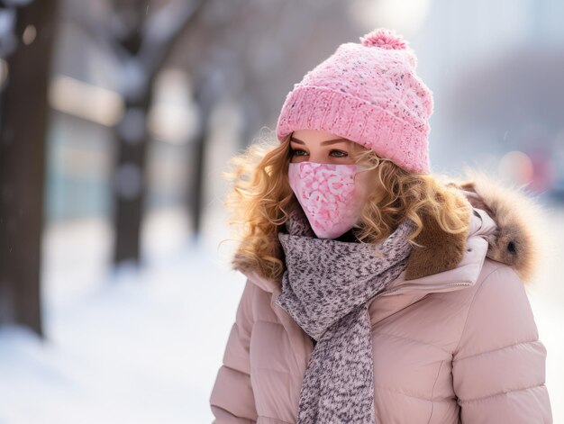 Улыбающаяся женщина в зимнем наряде с розовыми акцентами наслаждается холодным днем на открытом воздухе